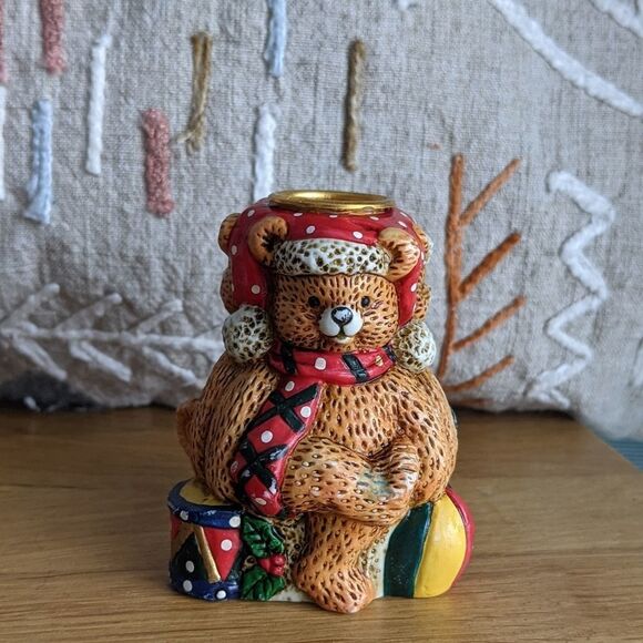Vintage Candle Holder Teddy Bears Christmas Ceramic Candle Holder - Picture 2 of 7
